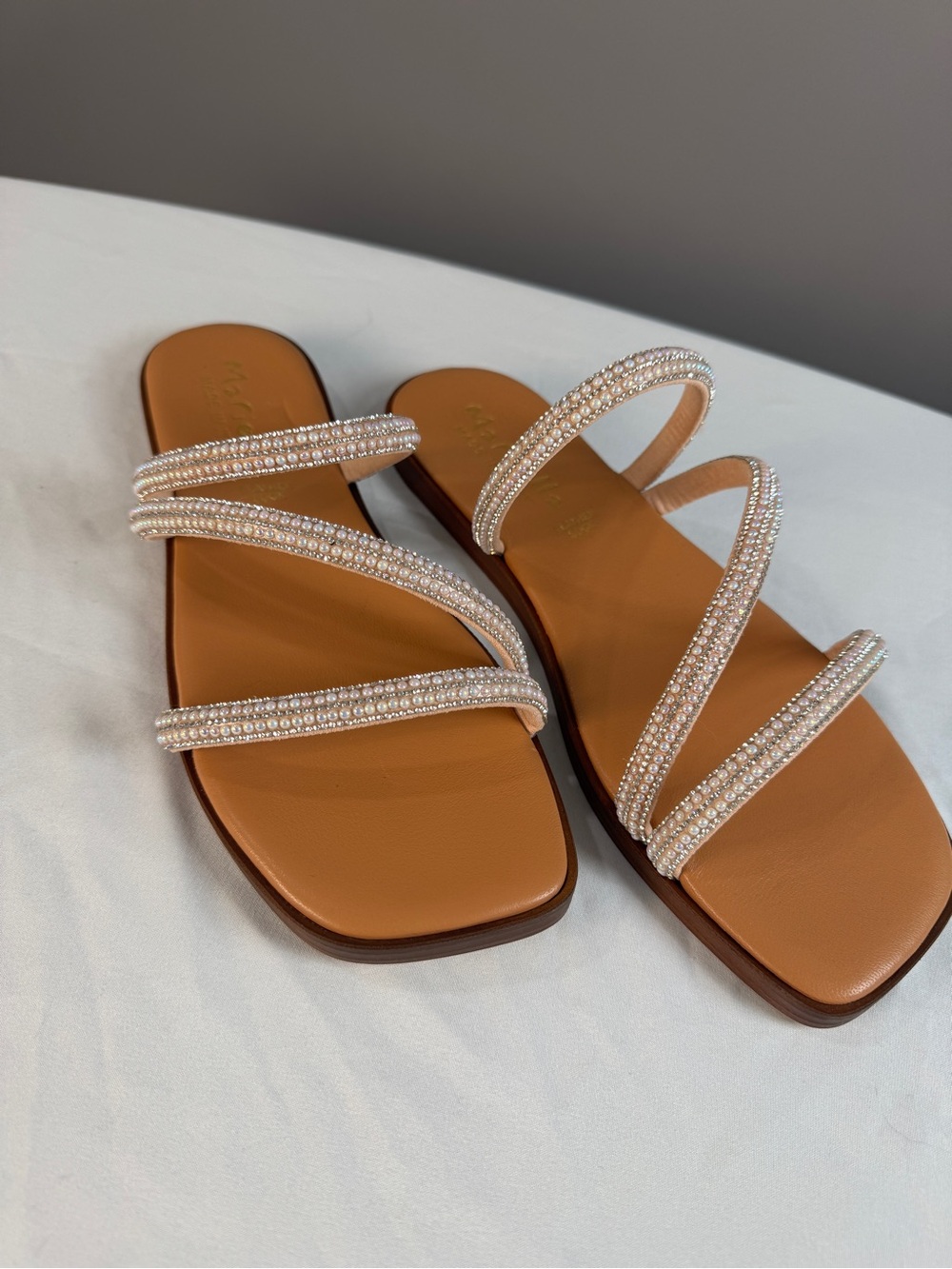 Beaded Nude Strappy Slide Sandals with Rhinestone Detail